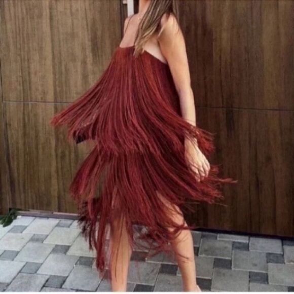 Zara Brown/Plum Sleeveless Fringe MidiDress (Size Small) Midi